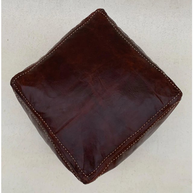 Tribal Square Brown Oxblood Red Embroided Moroccan Leather Pouf Cover For Sale - Image 3 of 11