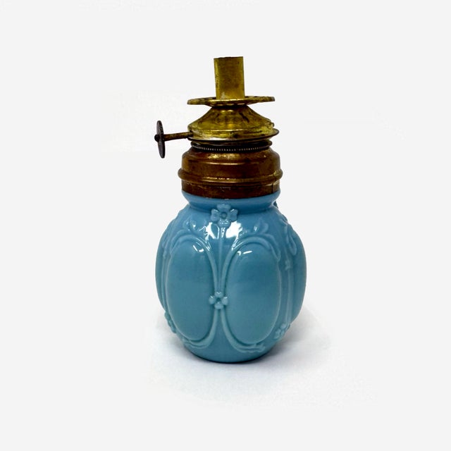 American Antique Eapg Light Blue Milk Glass Miniature Oil Lamp Brass Burner For Sale - Image 3 of 7