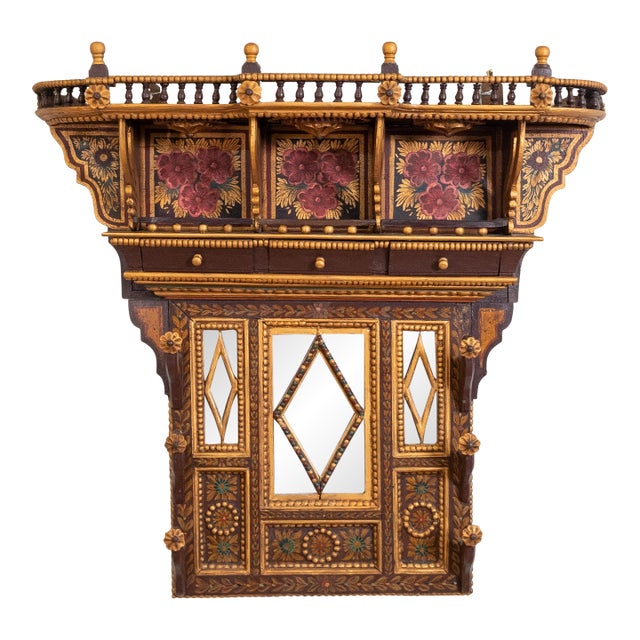 Early 20th Century Hand Carved & Painted Rajasthani Wooden Wall Cabinet For Sale