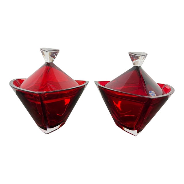 Bohemia Crystal Lidded Geometric Bowls, Pair For Sale
