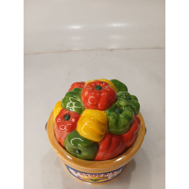 Mid-Century Modern Vintage Cooks Club Ceramic Salt & Pepper Shakers Fresh Pikt Peppers Basket Green Red For Sale - Image 3 of 8
