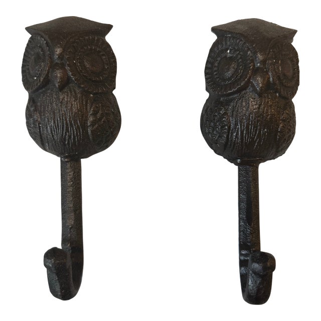 Late 20th Century Owl Coat Hooks (Cast Iron Set) For Sale