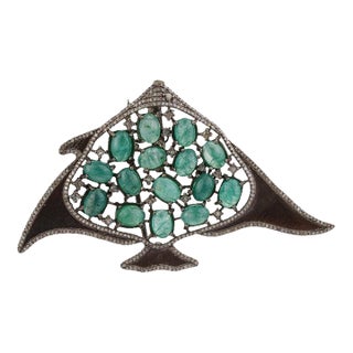 Vintage Style Emerald & Diamond Manta Ray Brooch Pendant in Solid Sterling Silver For Sale
