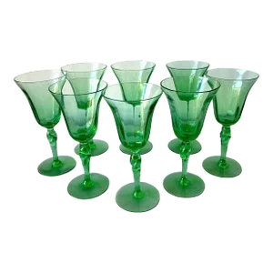 1920s Steuben Pomona Green Uranium Glass Optic Rib Goblets (Shape 2361) by Frederick Carder - Set of 8