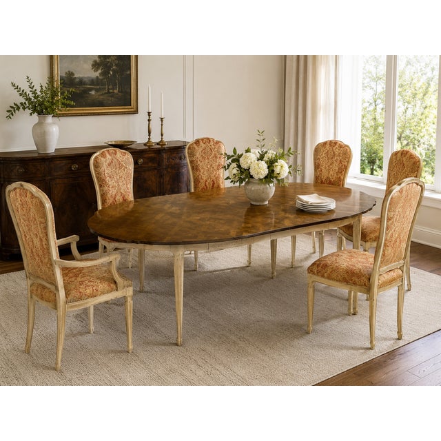 This charming French Provincial extension table features a warm, dark-stained wood top beautifully contrasted by a cream-...