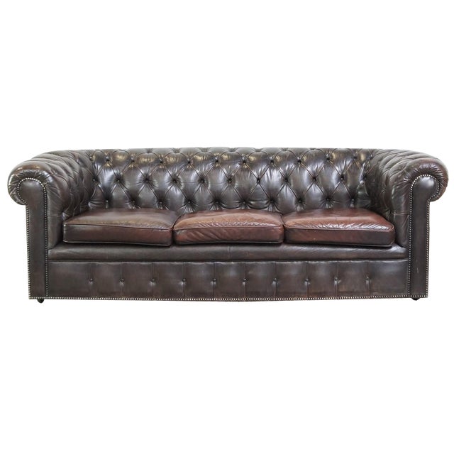 Dark Brown 3-Seater Cowhide Chesterfield Sofa For Sale