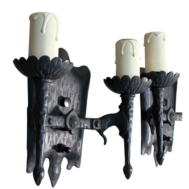 One Pair (Two Available) 1920s Spanish Revival Wrought Iron Wall Sconces #2602 For Sale - Image 4 of 4