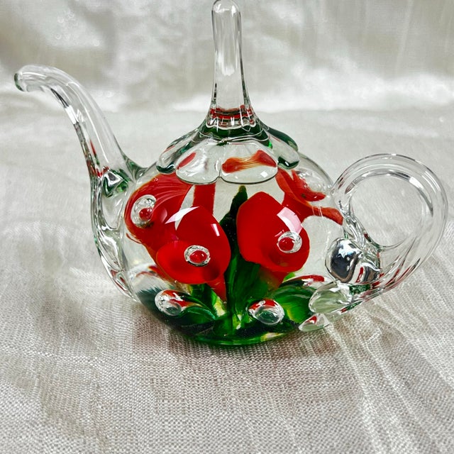 Joe St Clair Art Glass Mini Teapot Red Floral Controlled Bubble For Sale - Image 10 of 10