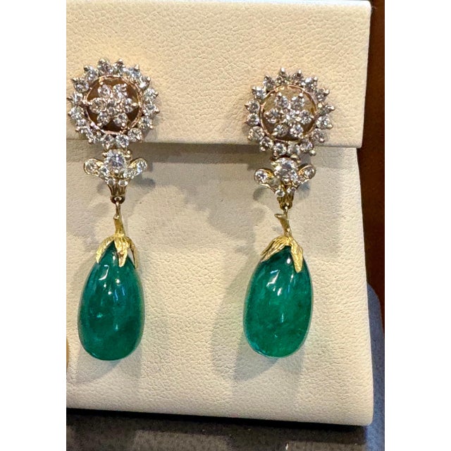 Arts & Crafts GIA Certified 28 Ct Emerald Cabochon & Diamond Drops Hanging Earrings 14 KYG For Sale - Image 3 of 18