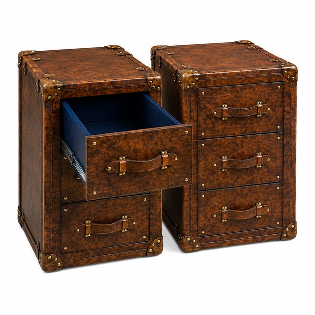 Luxury Leather Dark Brown Nightstand Pair, Handmade Vintage Trunk Bedside Tables, Leather Drawer Cabinet, Brass Studded Bedroom Storage For Sale - Image 4 of 9