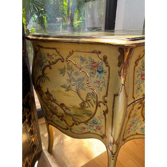 Yellow 1900-1909 Superb Pair of Serpentine Front Venetian Rocco Style Painted Commodes For Sale - Image 8 of 8