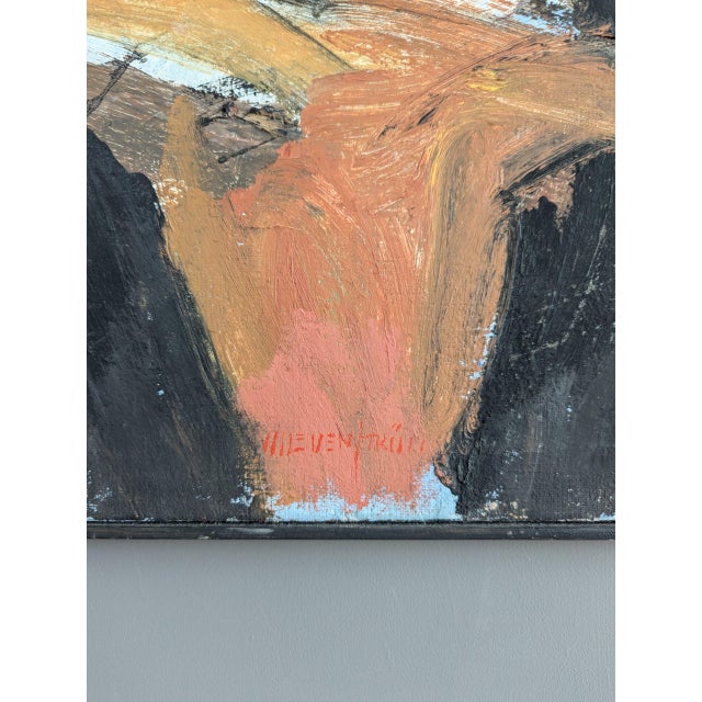 Orange Mid-Century Modern 'Abstract Horizon' Vintage Swedish Abstract Landscape Oil Painting, Framed For Sale - Image 8 of 12