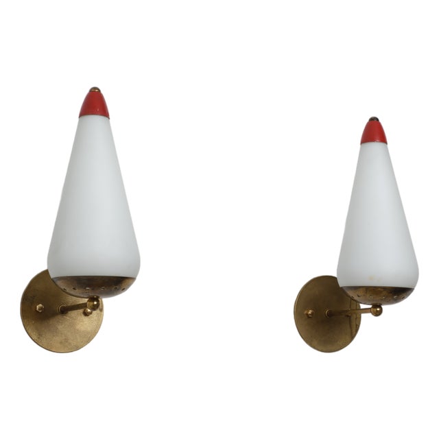 Large Italian Wall Sconces in Brass, Red Metal and Opaline Glass, 1950s, Set of 2 For Sale