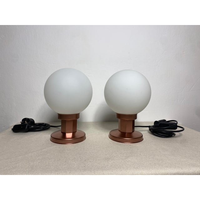 Mid-Century Modern Space Age Opal Glass Globe Table Lamps from Kaj, Former Yugoslavia, 1970s, Set of 2 For Sale - Image 4 of 10