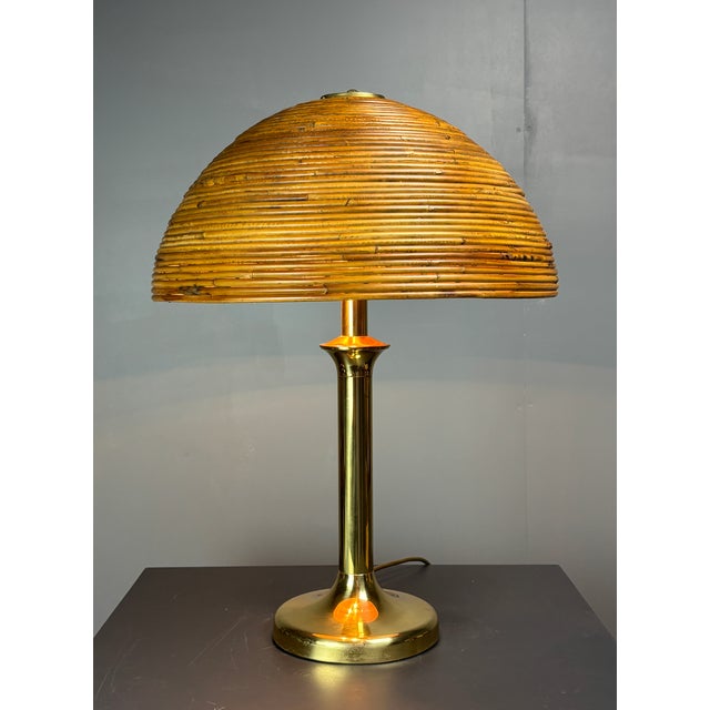 Mid-Century Italian Pencil Reed, Rattan and Brass Mushroom Table Lamp, 1970s For Sale - Image 17 of 17