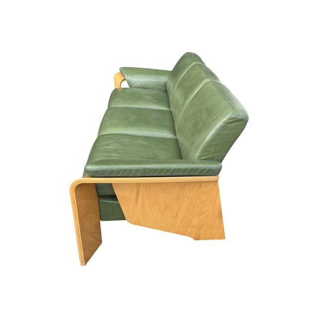 1960s Ekornes Scandinavian Modern Olive Green Leather Sofa With Sculptural Bentwood Frame For Sale - Image 12 of 15