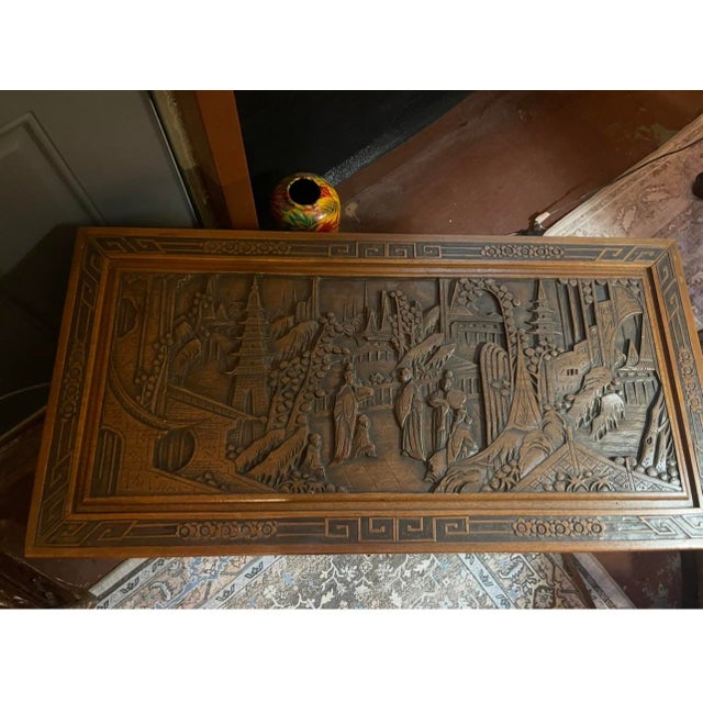 Vintage Asian Carved Wood Cabinet With Scenic Relief Panels & Interior Drawers For Sale - Image 4 of 6