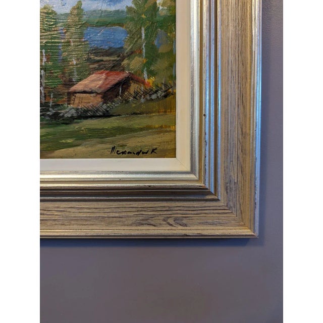 Paint Mid-Century Modern Swedish "Red Houses in Nature" Vintage Expressive Landscape Oil Painting, Framed For Sale - Image 7 of 12