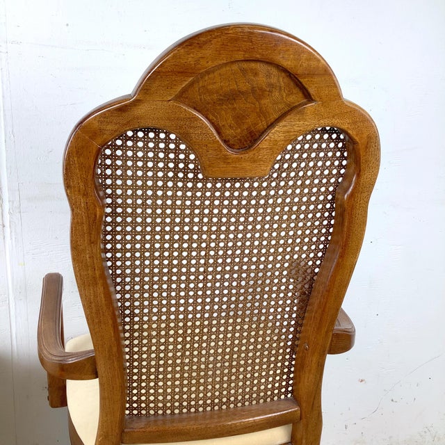 Pair of Vintage Provincial Walnut & Cane High-Back Armchairs With Burlwood Crest For Sale - Image 13 of 18