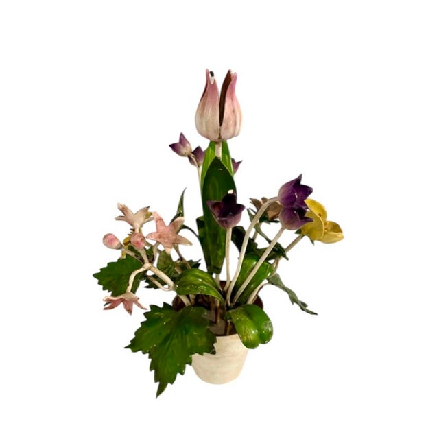 Vintage Italian Tole Potted Flowers / Floral Toleware Arrangement Sculpture With Tulip, Buttercup and Lily Blooms For Sale - Image 4 of 7