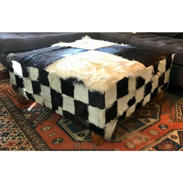 Vintage Black And White Checkered Hair On Hide Leather Ottoman Chairish