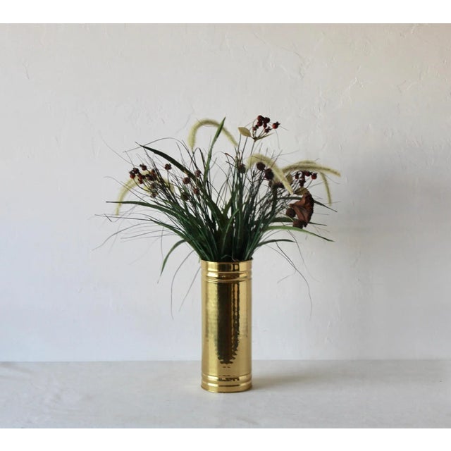 Vintage American Hammered Brass Cylindrical Planter Mid Century, very good condition with very minor scratches, foliage is...
