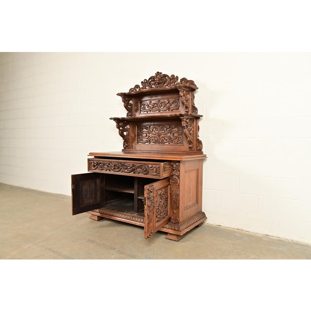 Alexander Roux Style French Renaissance Revival Carved Oak Sideboard or Bar Cabinet, Circa 1890s For Sale In South Bend - Image 6 of 17