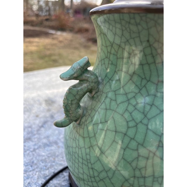 Celadon Mid 20th Century Celadon Crackle Vase Table Lamp With Dragon Handles For Sale - Image 8 of 9