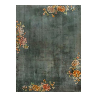 1930s Green Floral Minimalist Antique Chinese Art Deco Carpet 8'10" X 11'7" Knotted Wool Rug For Sale
