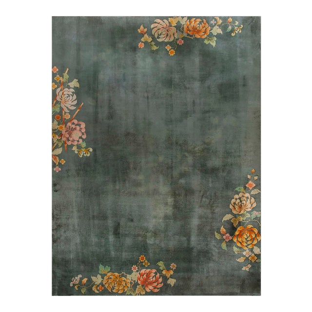 1930s Green Floral Minimalist Antique Chinese Art Deco Carpet 8'10" X 11'7" Knotted Wool Rug For Sale