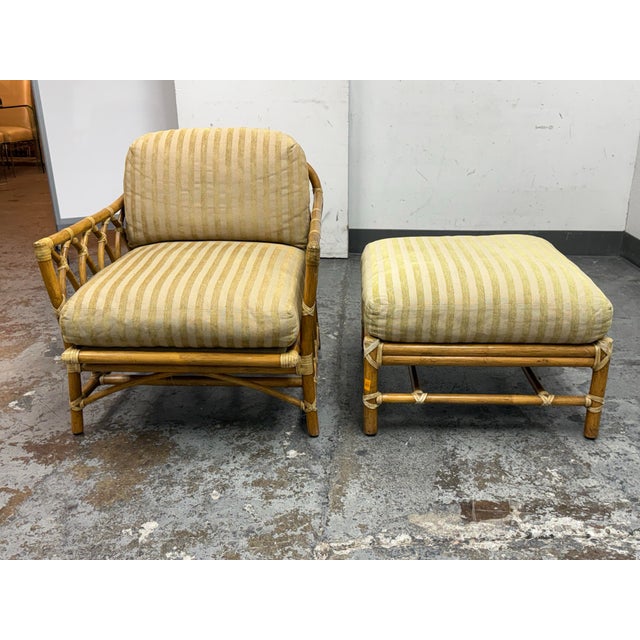 Design Plus Gallery presents a Vintage Lounge Chair and Ottoman from McGuire Furniture. This matching set shows the...