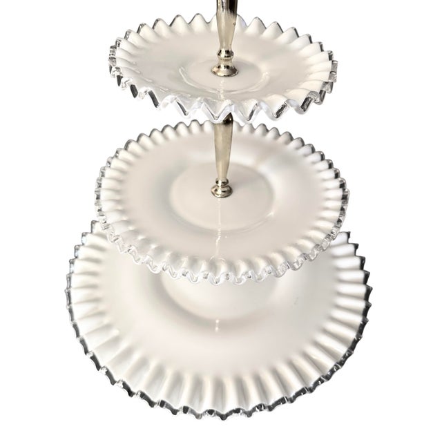 Glass Vintage Fenton Milk Glass Tidbit Server With Silver Crest Rim and Metal Handle For Sale - Image 7 of 12