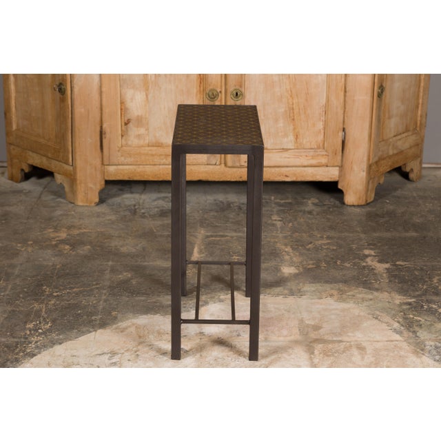 Narrow Side Table with Louis Vuitton Leather Top and Custom Metal Stand For Sale - Image 10 of 11