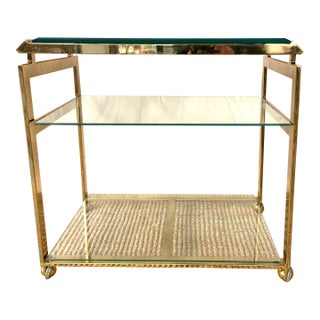 A Vintage 70's Asian Style Brass Tone Bar Cart With Glass Shelves For Sale