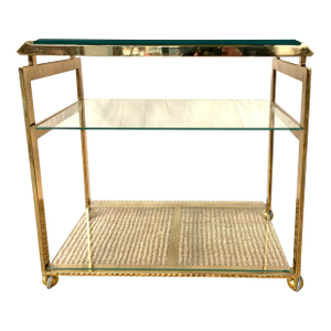 A Vintage 70's Asian Style Brass Tone Bar Cart With Glass Shelves