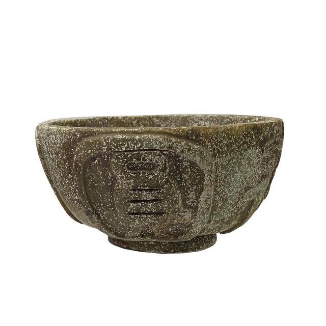 Natural Olive Green MIX Stone Carved Round Display Bowl For Sale - Image 4 of 8