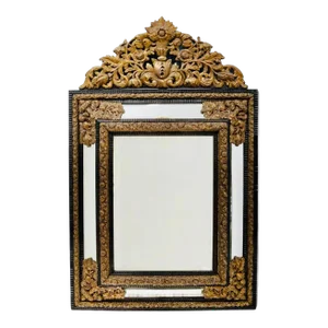 Large Continental Brass Repoussé and Ebonized Crested Cushion Mirror