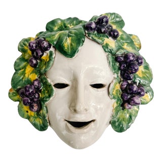 Vintage Italian Glazed Terracotta Bacchus Wall Mask For Sale