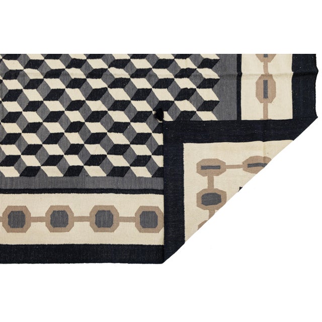 2020s Contemporary Navajo Style Geometric Wool Area Rug – Optical Cubes in Charcoa For Sale - Image 5 of 9