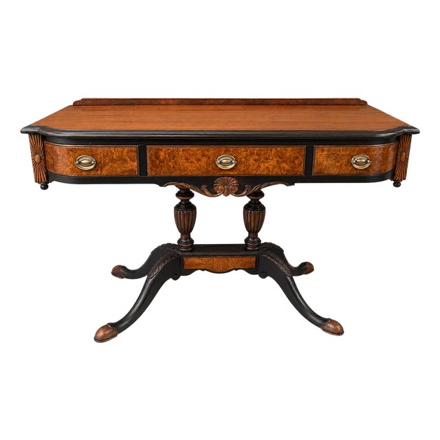 Early 20th Century Restored Berkey & Gay Neoclassical Writing Desk With Burl Wood & Black Accents For Sale