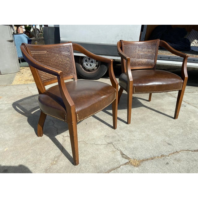 Pair of Shafer brothers cane back wooden accent side arm chairs , chairs could use some new re staining and sanding no...