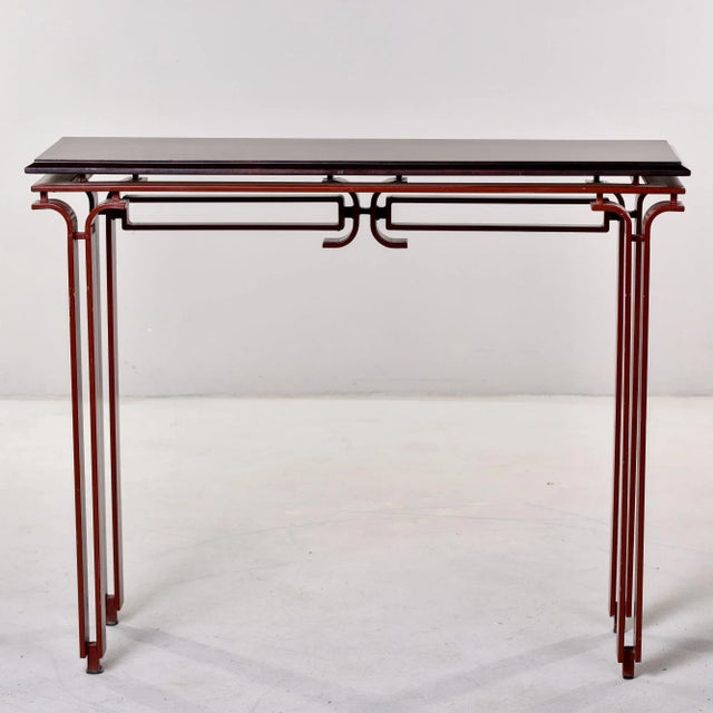 Oxblood Red Unusual Mid Century Console With Metal Base and Wood Top For Sale - Image 8 of 13