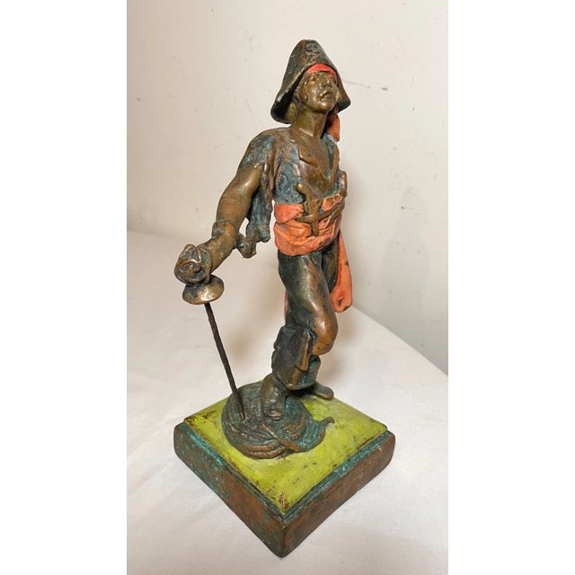Tall Antique Detailed Polychromed Bronze Clad Figural Paul Herzel Pirate Statue For Sale - Image 4 of 12
