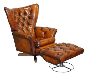 Set of Vintage Fully Hand Dyed Brown Leather Lounge Chair and Ottoman