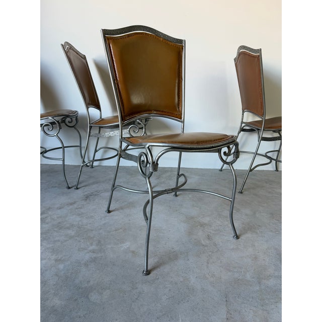 Metal Palma Brava Wrought Iron & Brown Leather Dining Chairs – Set of 4 For Sale - Image 7 of 13