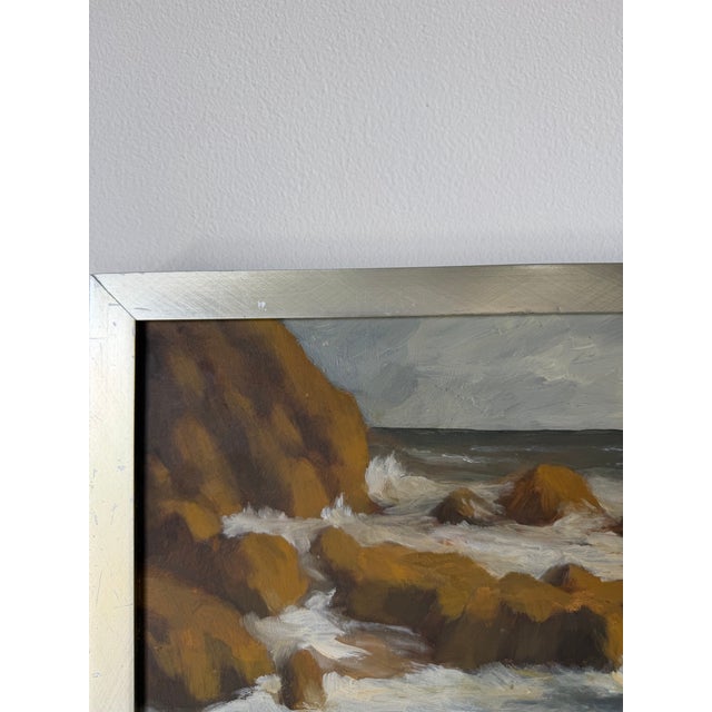 Wood Modern Coastal Ocean Landscape Oil on Board Painting, Silver Wood Frame For Sale - Image 7 of 12