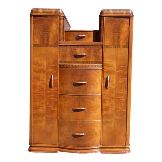Vintage Art Deco Walnut Waterfall Double Chifferobe Armoire Wardrobe For Sale