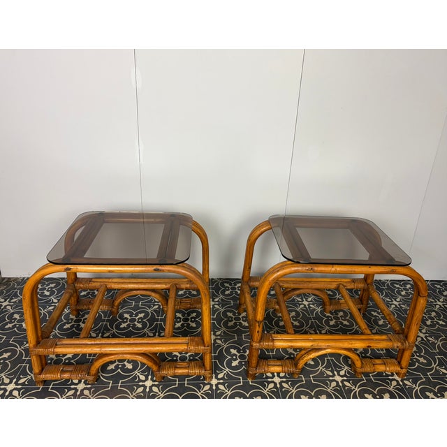 Brown Mid-Century Modern Italian Bamboo and Rattan Side Tables with Smoked Glass, 1950s, Set of 2 For Sale - Image 8 of 18