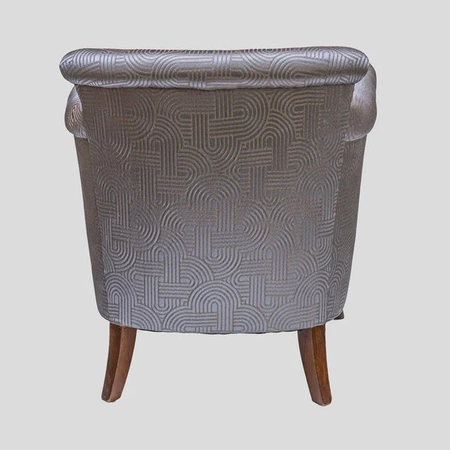 1930s Art deco armchair, The chair has been completely re-upholstered in a comfortable and cosy light grey blue patterned...