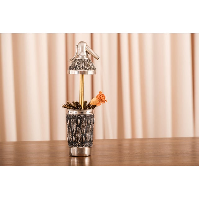 Mid-Century Modern Vintage Ornate Silver & Brass Cigarette Holder Cup | Mid Century Smoking Collectible For Sale - Image 3 of 8